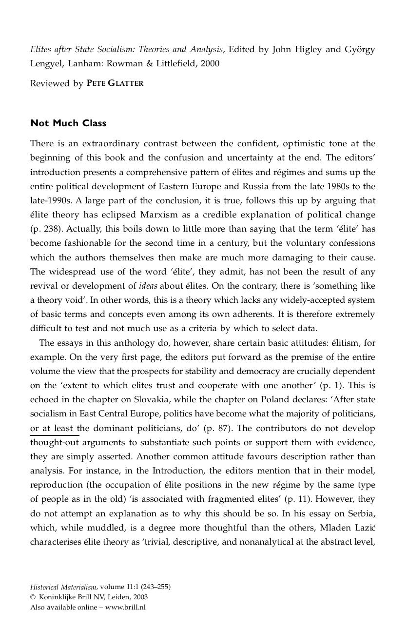 On Elites after State Socialism: Theories and Analysis, edited by John Higley and GyÃ¶rgy Lengyel by On Elites after State Socialism. Theories & Analysis edited by John Higley & György Lengyel