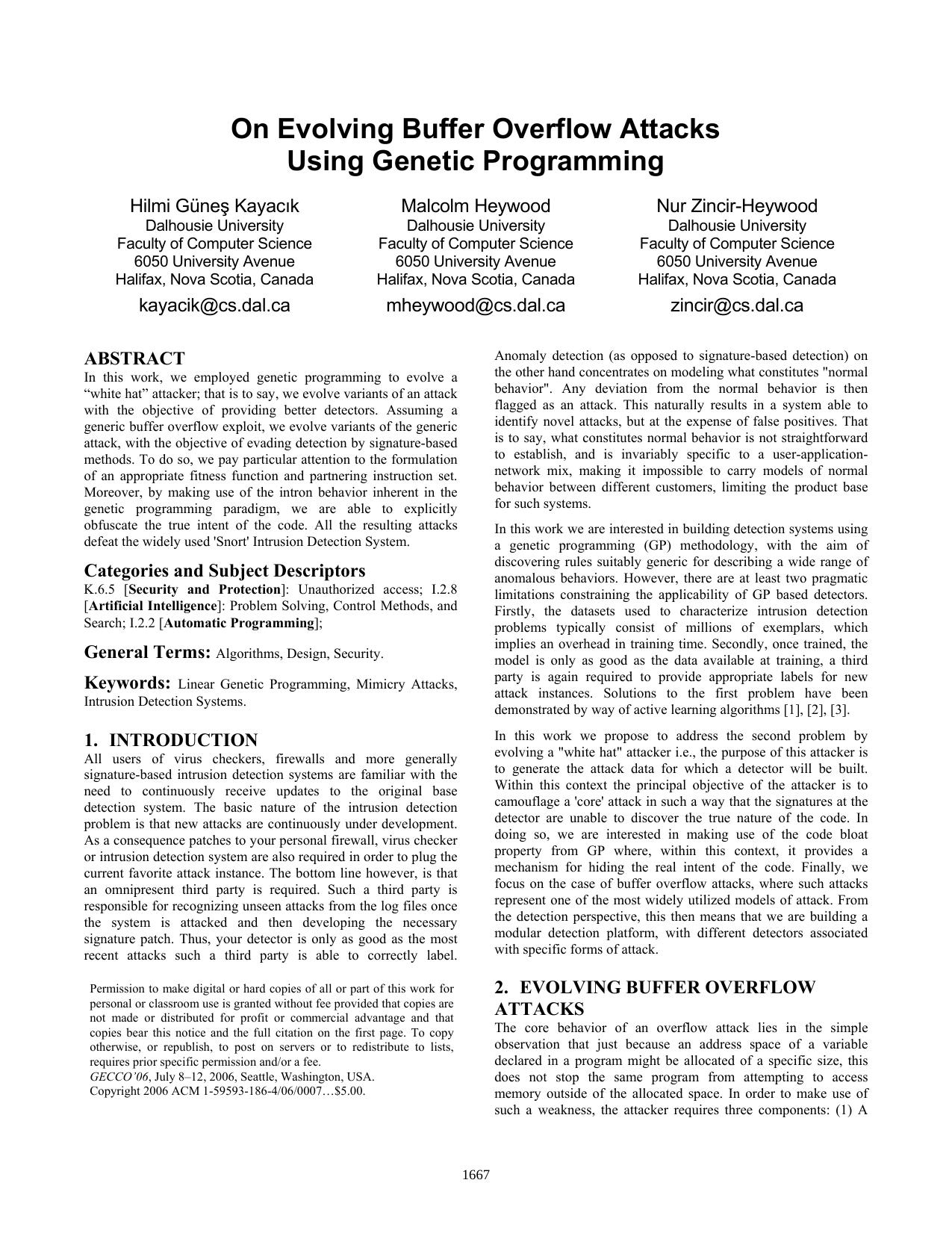 On Evolving Buffer Overflow Attacks Using Genetic Programming by Unknown