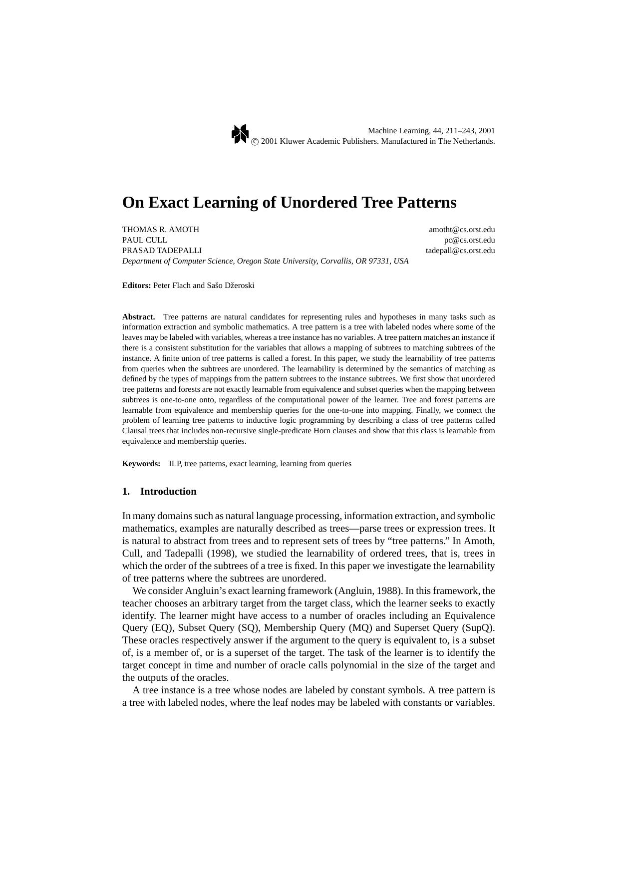 On Exact Learning of Unordered Tree Patterns by On Exact Learning of Unordered Tree Patterns