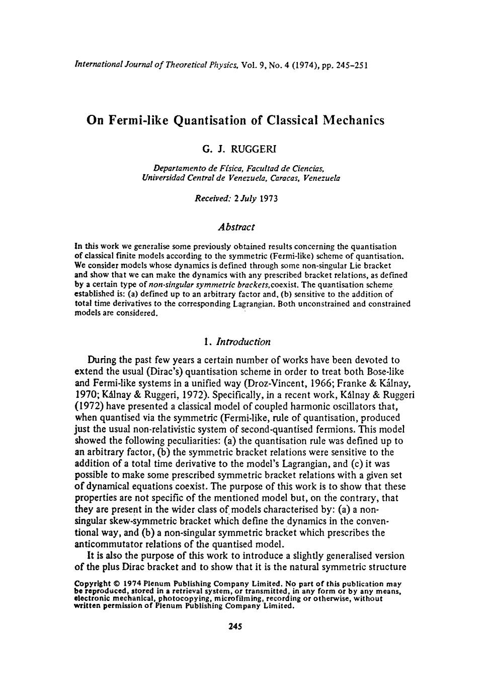 On Fermi-like quantisation of classical mechanics by Unknown