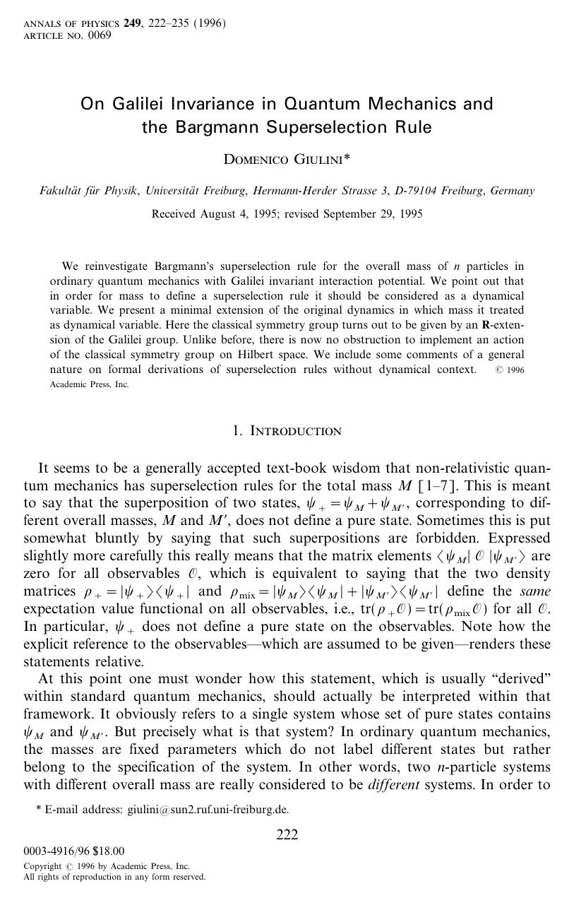 On Galilei Invariance in Quantum Mechanics and the Bargmann Superselection Rule by Guilini D