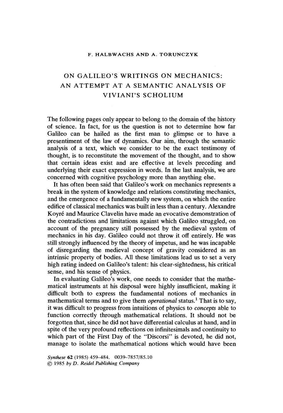 On Galileo's writings on mechanics: An attempt at a semantic analysis of Viviani's scholium by Unknown