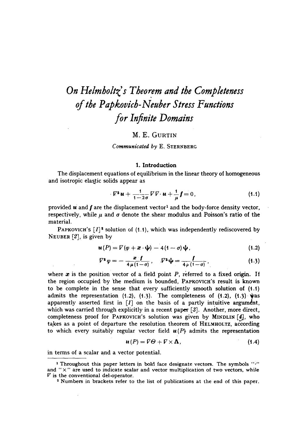 On Helmholtz's theorem and the completeness of the Papkovich-Neuber stress functions for infinite domains by Unknown