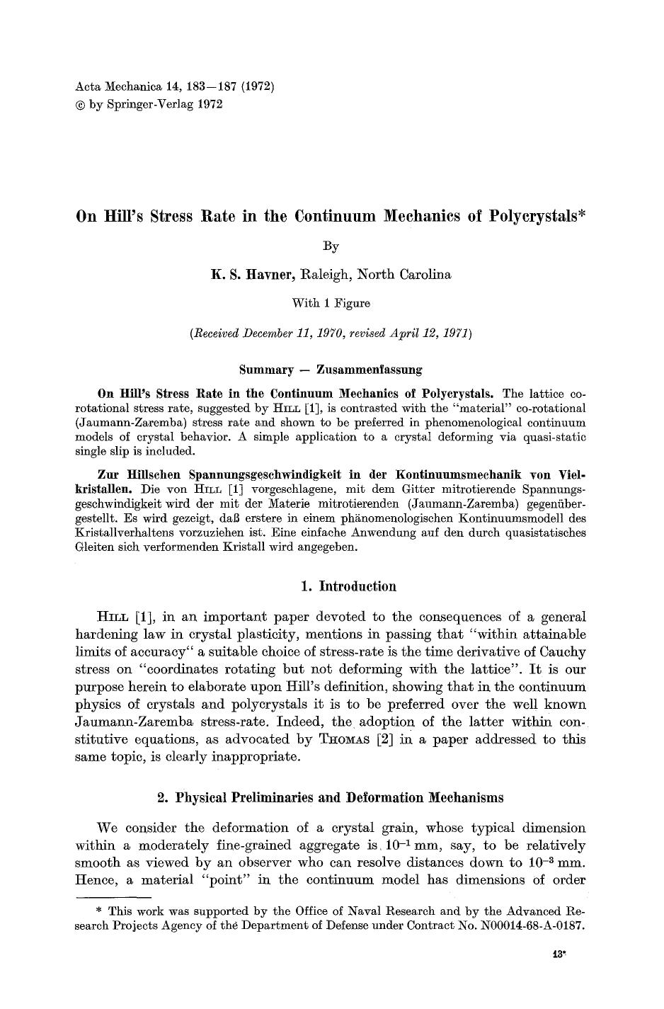 On Hill's stress rate in the continuum mechanics of polycrystals by Unknown