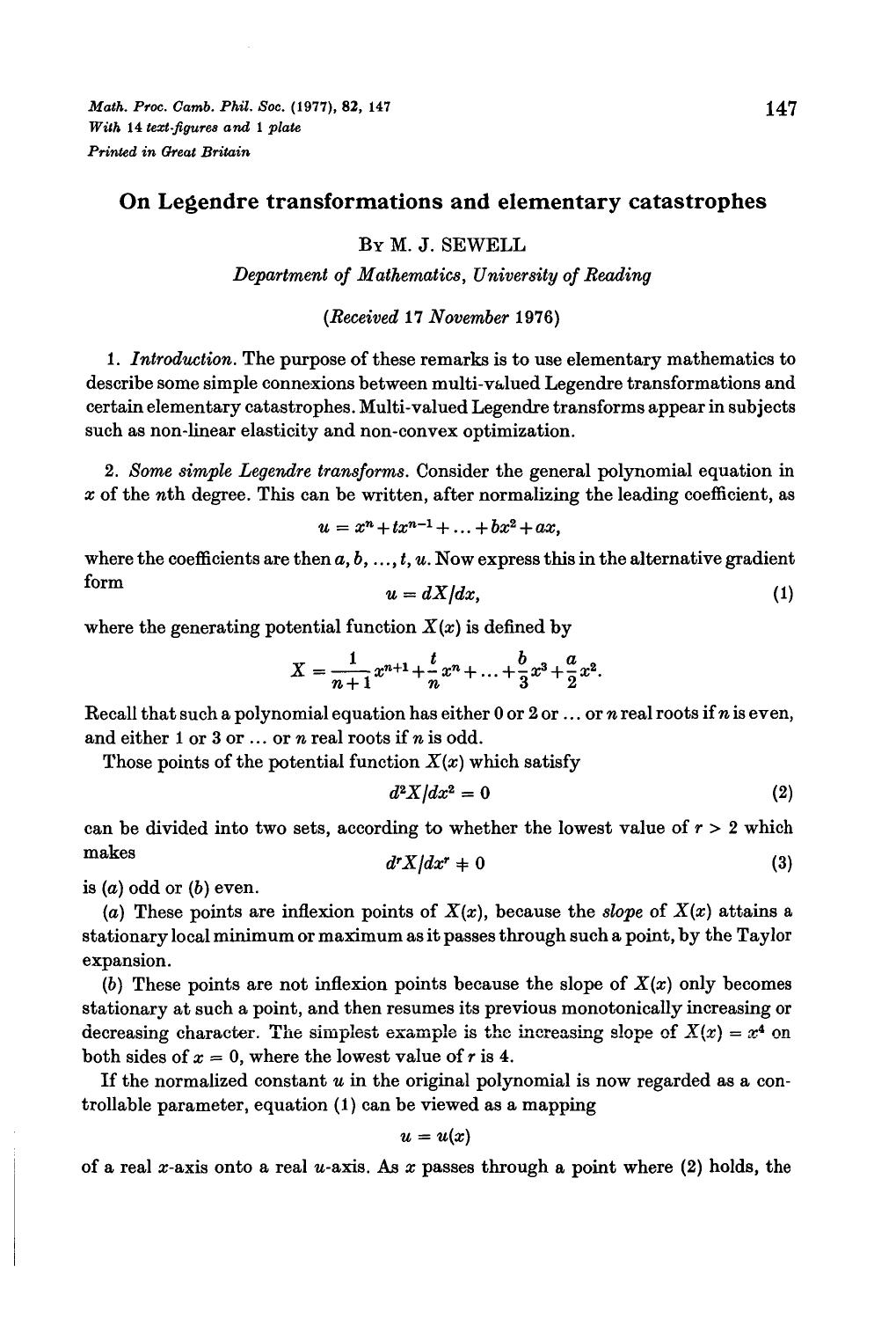 On Legendre transformations and elementary catastrophes by M. J. Sewell