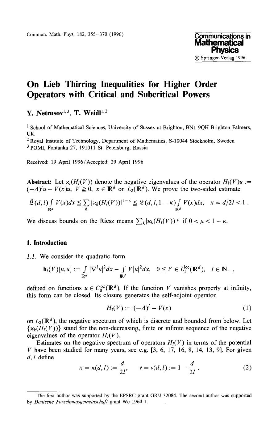 On Lieb-Thirring inequalities for higher order operators with critical and subcritical powers by Unknown