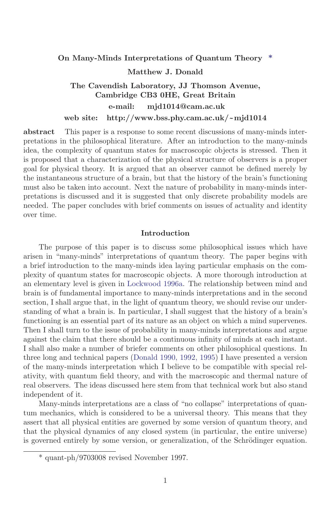 On Many-Minds Interpretations of Quantum Theory by Matthew J. Donald