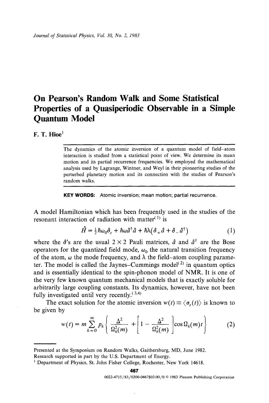 On Pearson's random walk and some statistical properties of a quasiperiodic observable in a simple quantum model by Unknown