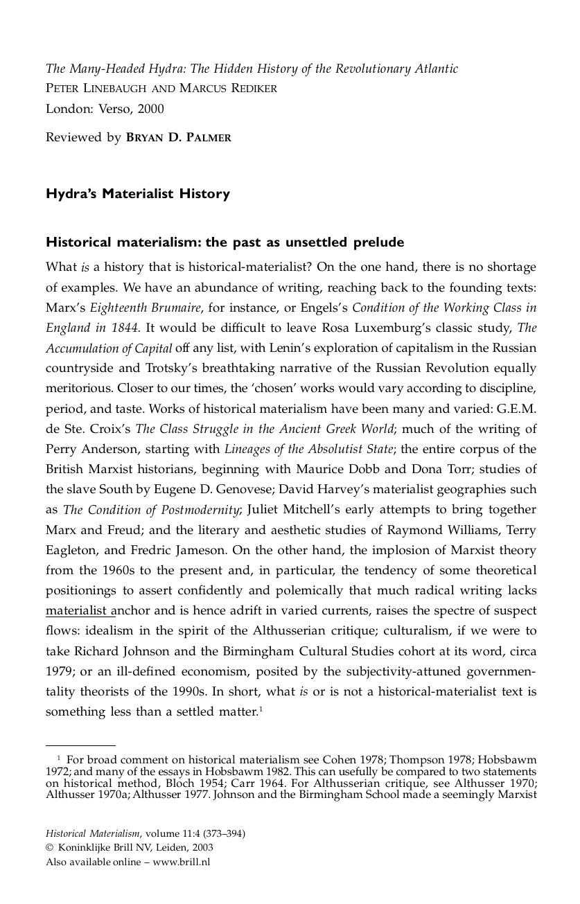 On Peter Linbaugh's and Marcus Rediker's The Many-Headed Hydra: The Hidden History of the Revolutionary Atlantic by unknow