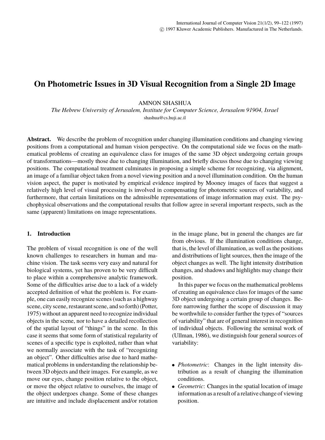 On Photometric Issues in 3D Visual Recognition from a Single 2D Image by On Photometric Issues in 3D Visual Recognition from a Single 2D Image