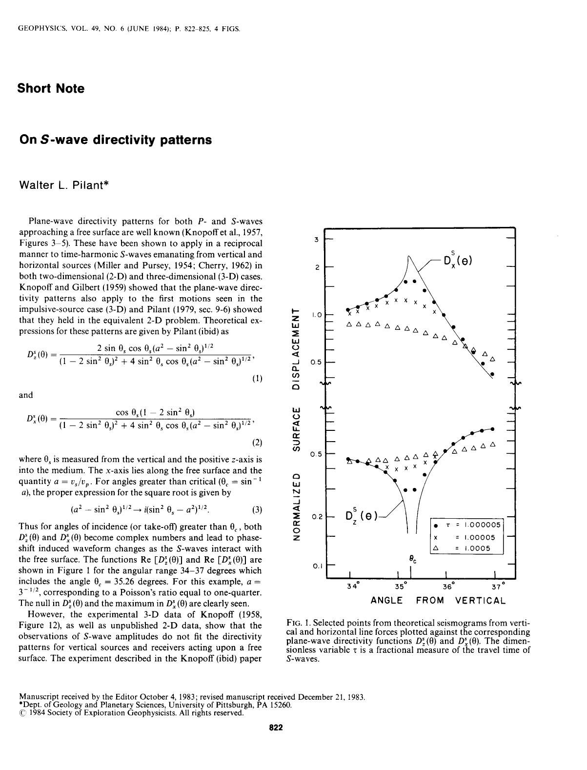 On S-wave directivity patterns: SHORT NOTE by Pilant W. L
