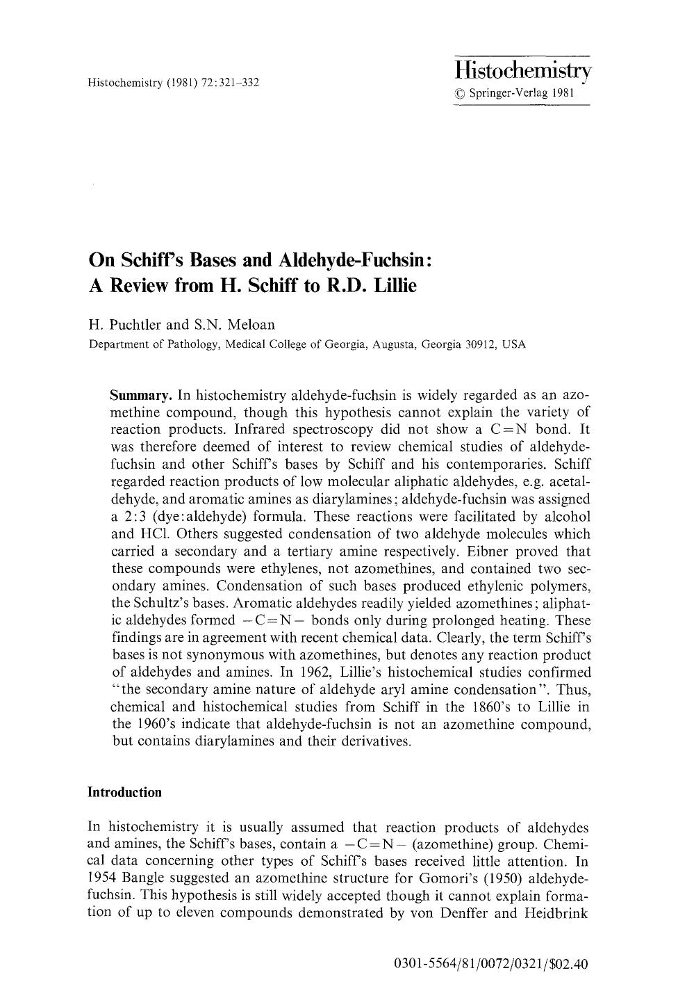 On Schiff's bases and aldehyde-fuchsin: A review from H. Schiff to R.D. Lillie by Unknown