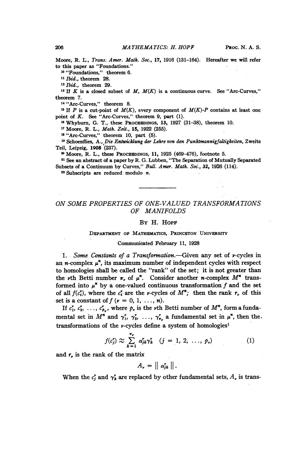 On Some Properties of One-Valued Transformations of Manifolds by Hopf H