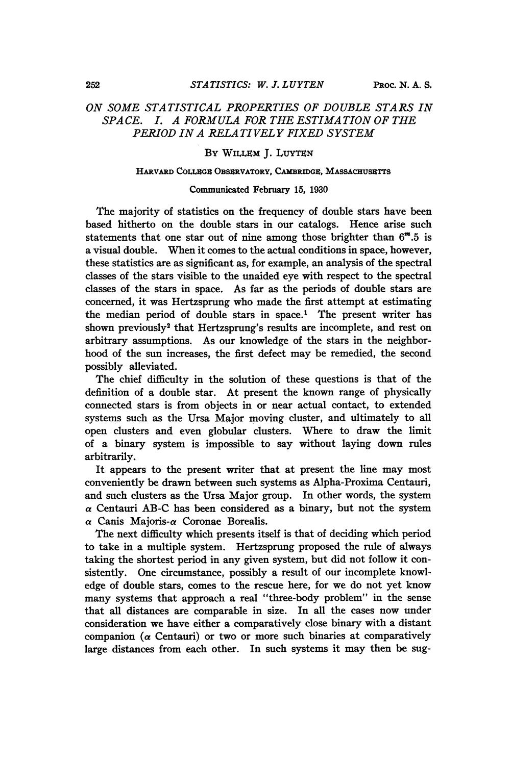 On Some Statistical Properties of Double Stars in Space I. A Formula for the Estimation of the Period in a Relatively Fixed System by Luyten W. J