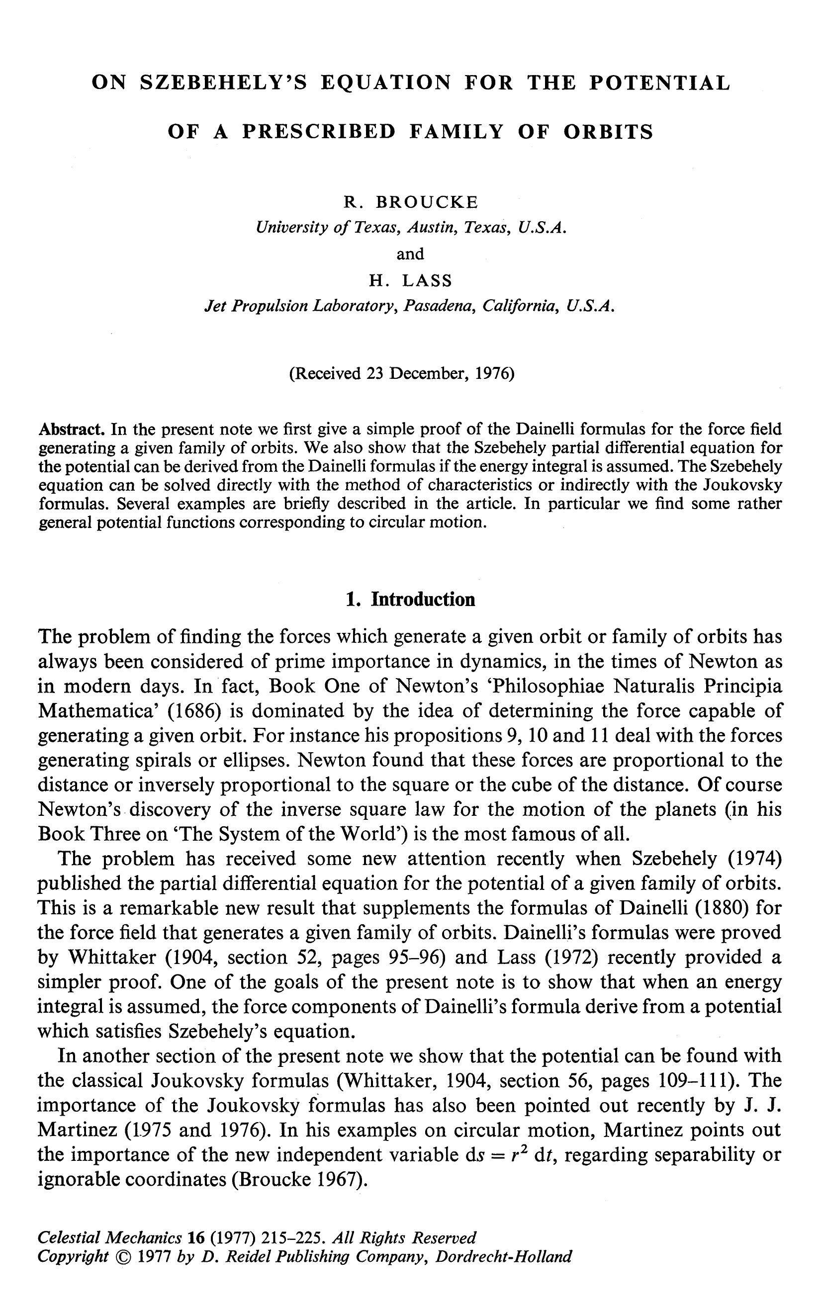 On Szebehely's equation for the potential of a prescribed family of orbits by Unknown