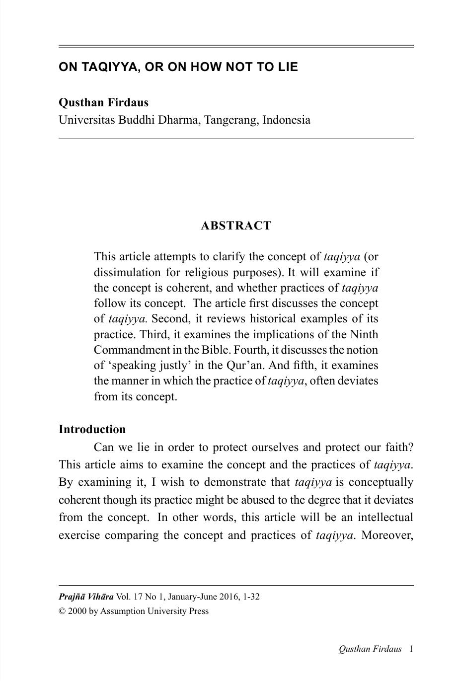 On Taqiyya, or On How Not to Lie by Qusthan Firdaus