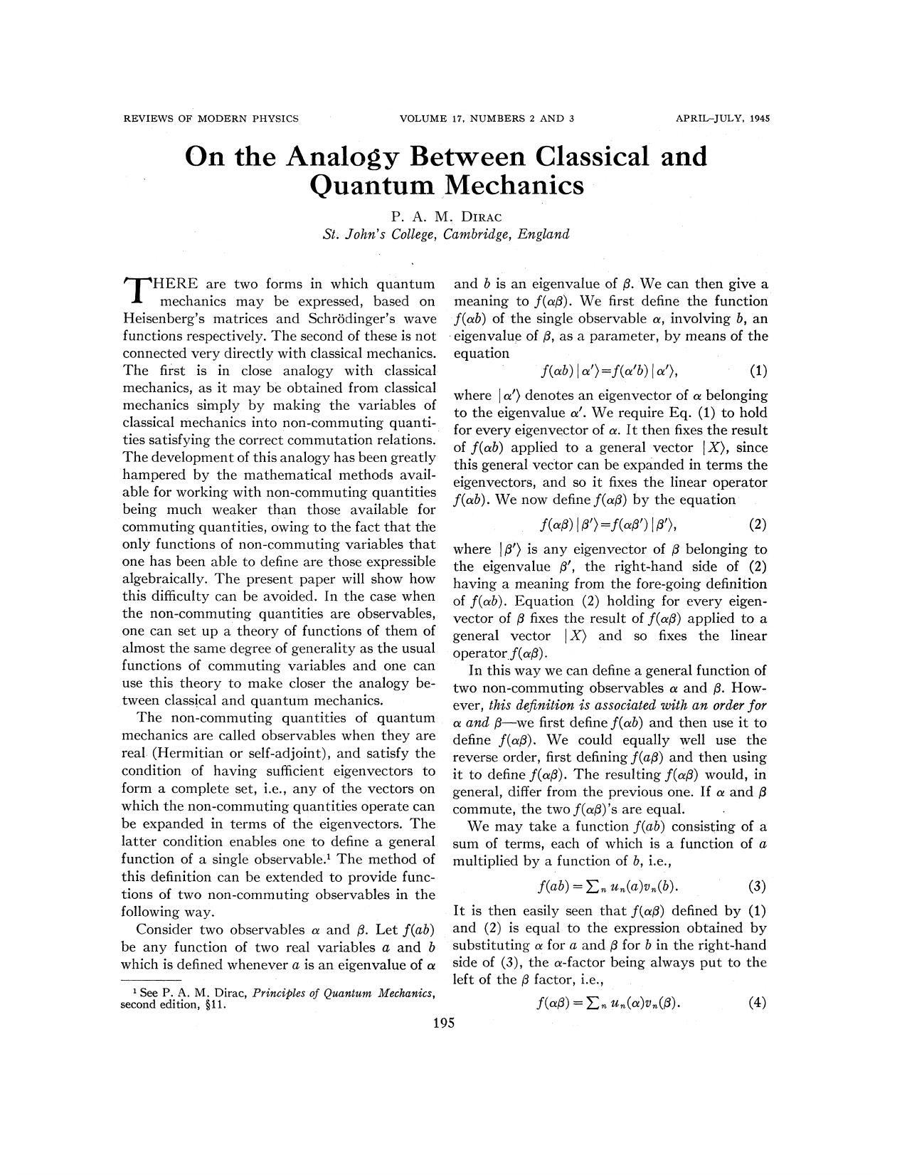 On The Analogy Between Classical And Quantum Mechanics by Unknown