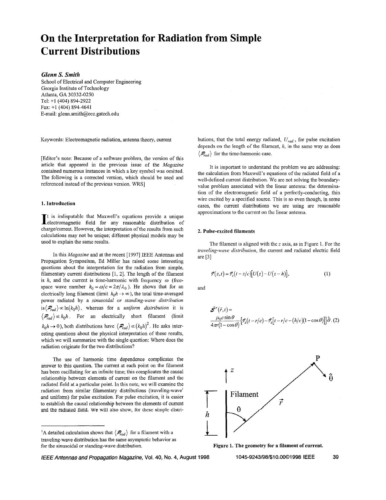 On The Interpretation For Radiation From Simple Current Distributions - IEEE Antennas and Propagation Magazine by IEEE