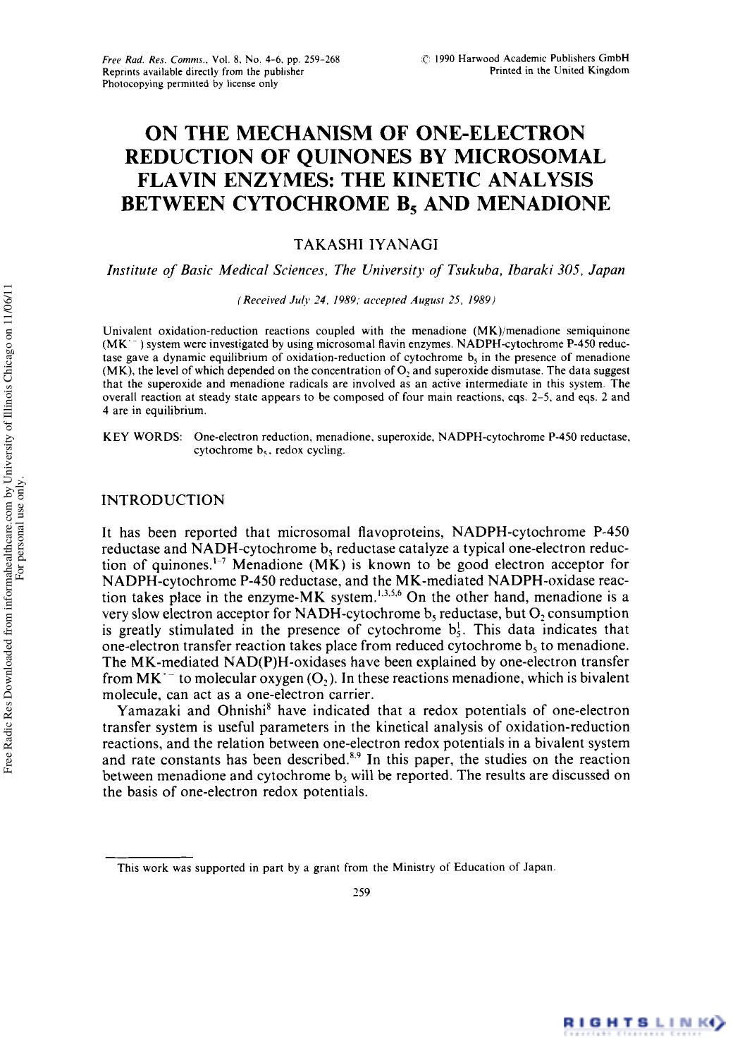 On The Mechanism Of One-Electron Reduction Of Quinones By Microsomal Flavin Enzymes: The Kinetic Analysis Between Cytochrome B5 And Menadione by Takashi Iyanagi