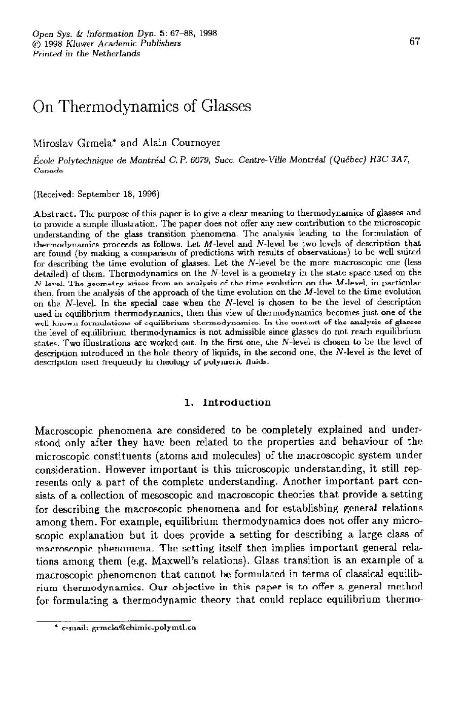On Thermodynamics of Glasses by Unknown