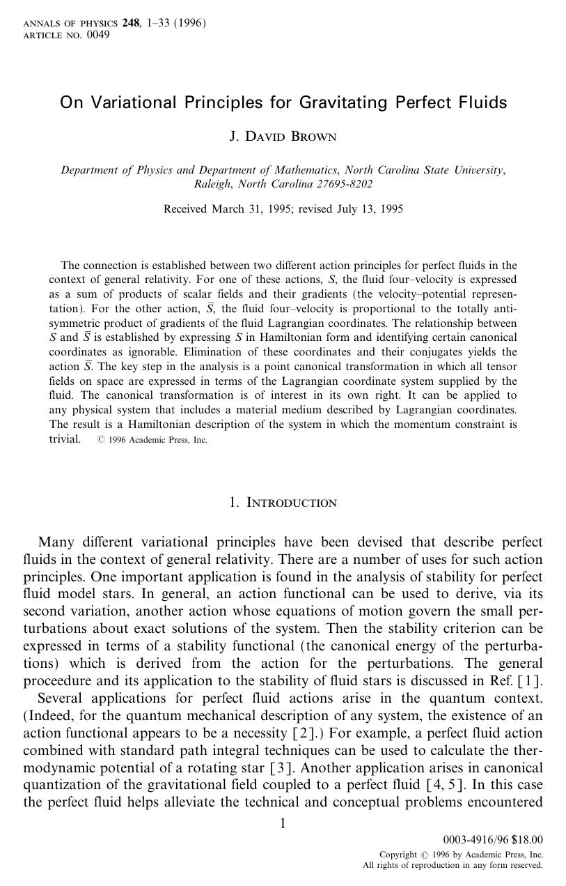 On Variational Principles for Gravitating Perfect Fluids by Brown J. D