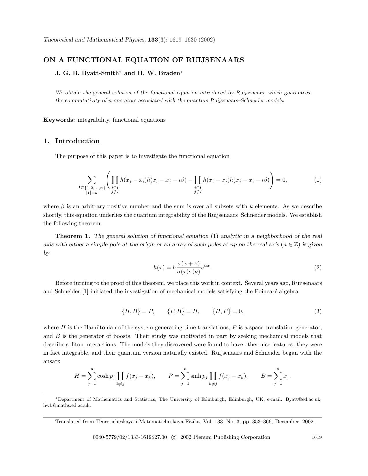 On a Functional Equation of Ruijsenaars by Unknown