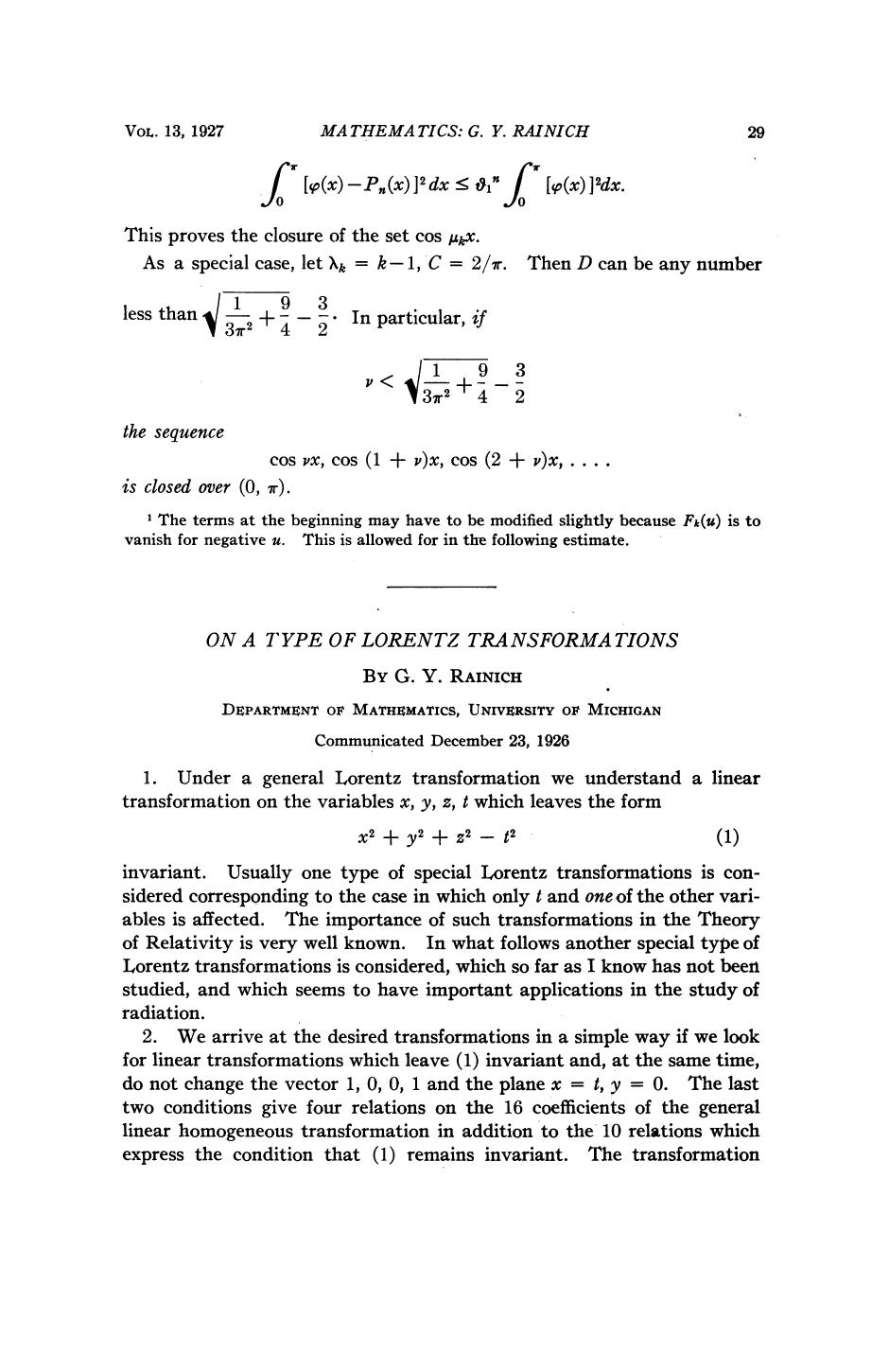 On a Type of Lorentz Transformations by Rainich G. Y