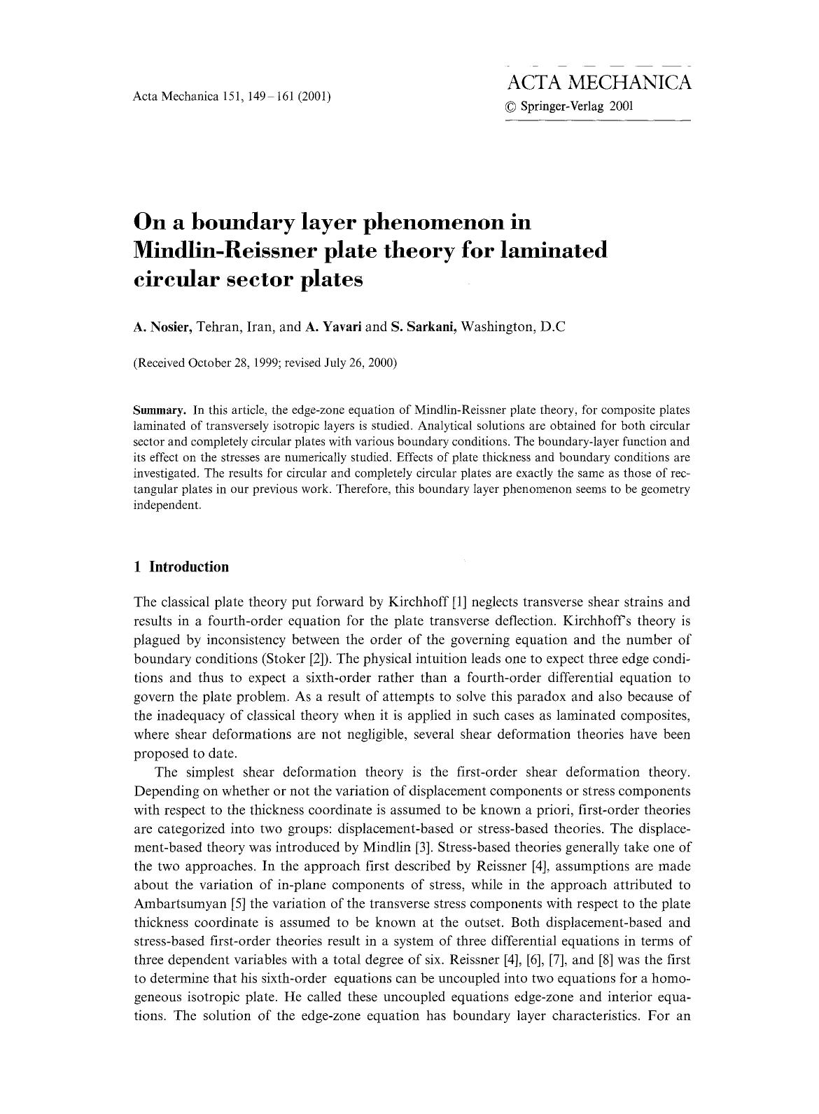 On a boundary layer phenomenon in Mindlin-Reissner plate theory for laminated circular sector plates by Unknown