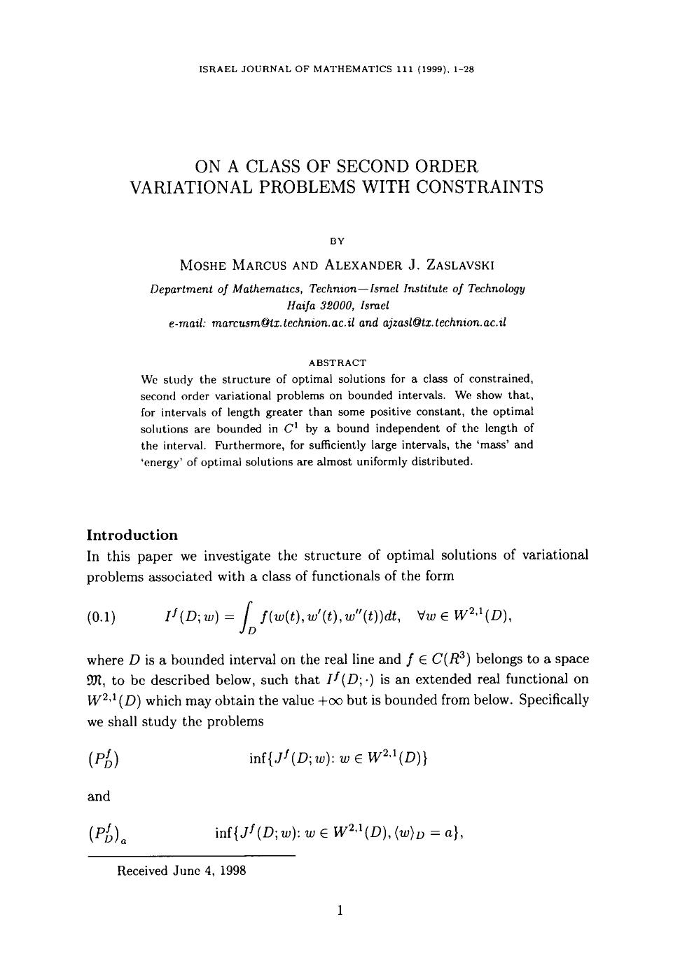 On a class of second order variational problems with constraints by Unknown