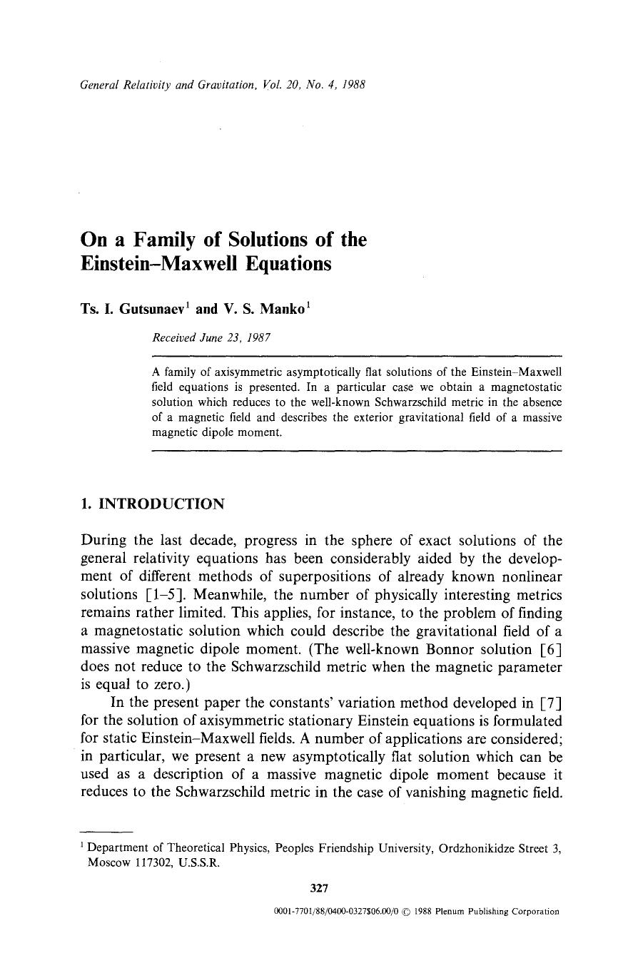 On a family of solutions of the Einstein-Maxwell equations by Unknown