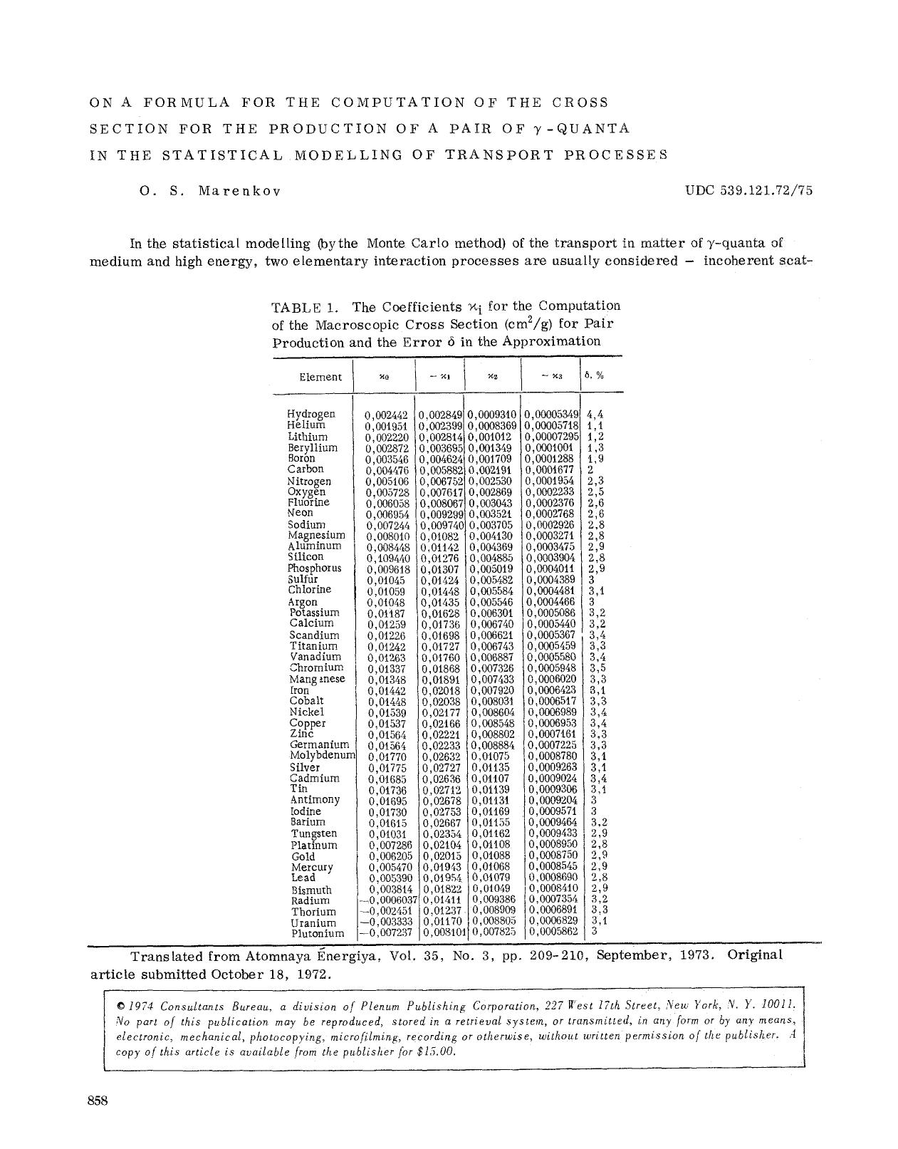 On a formula for the computation of the cross section for the production of a pair of &#x03B3;-quanta in the statistical modelling of transport processes by Unknown