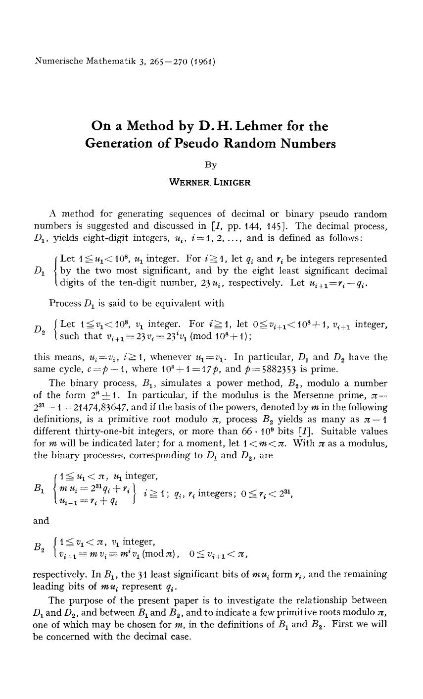 On a method by D. H. Lehmer for the generation of pseudo random numbers by Unknown