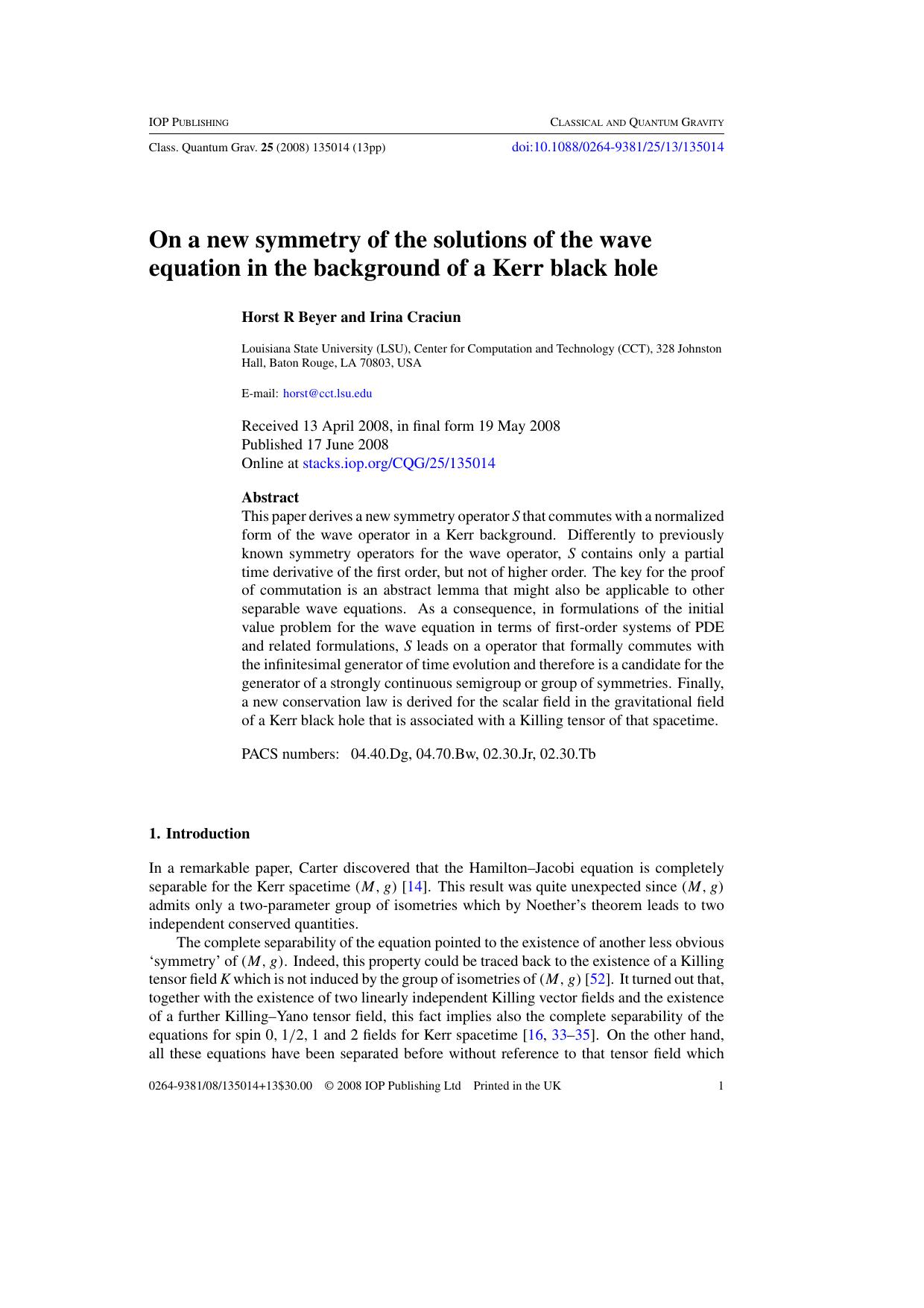 On a new symmetry of the solutions of the wave equation in the background of a Kerr black hole by H R Beyer and I Craciun