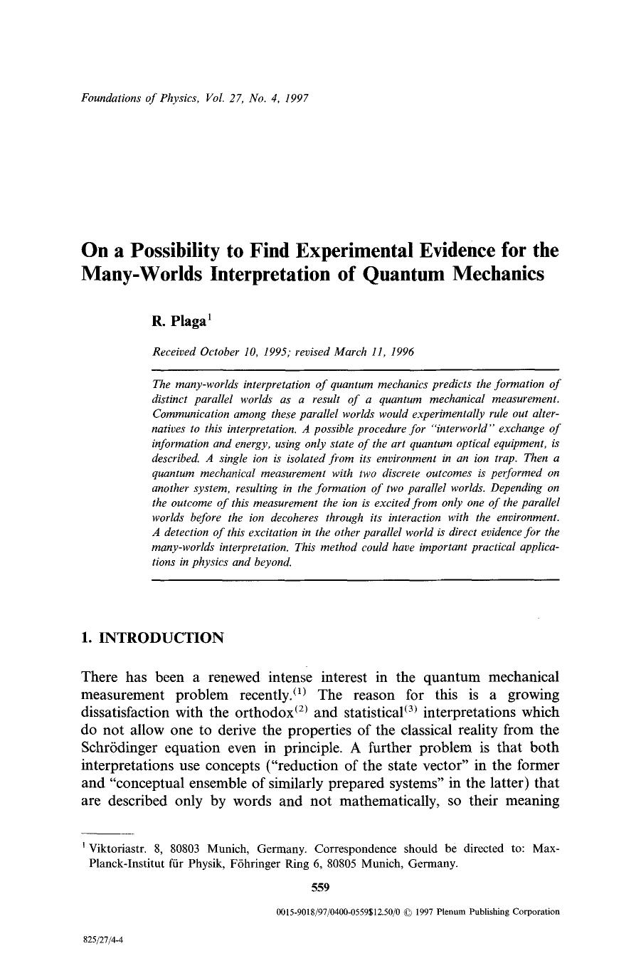 On a possibility to find experimental evidence for the many-worlds interpretation of quantum mechanics by Unknown