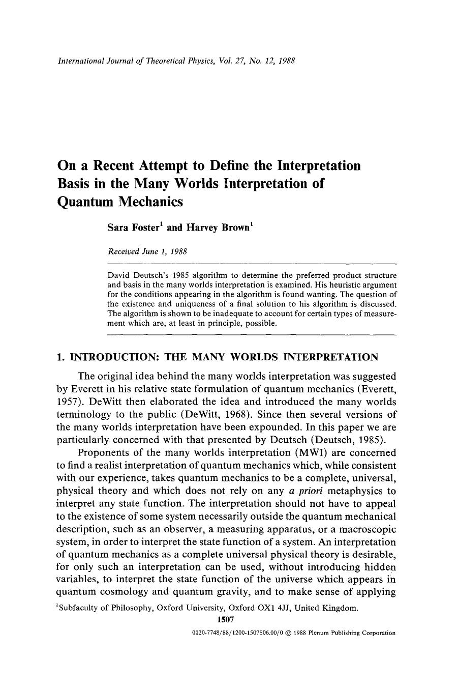 On a recent attempt to define the interpretation basis in the many worlds interpretation of quantum mechanics by Unknown