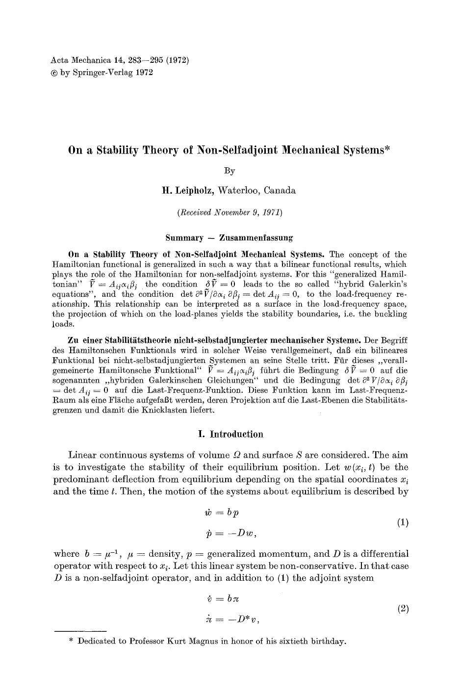 On a stability theory of non-selfadjoint mechanical systems by Unknown