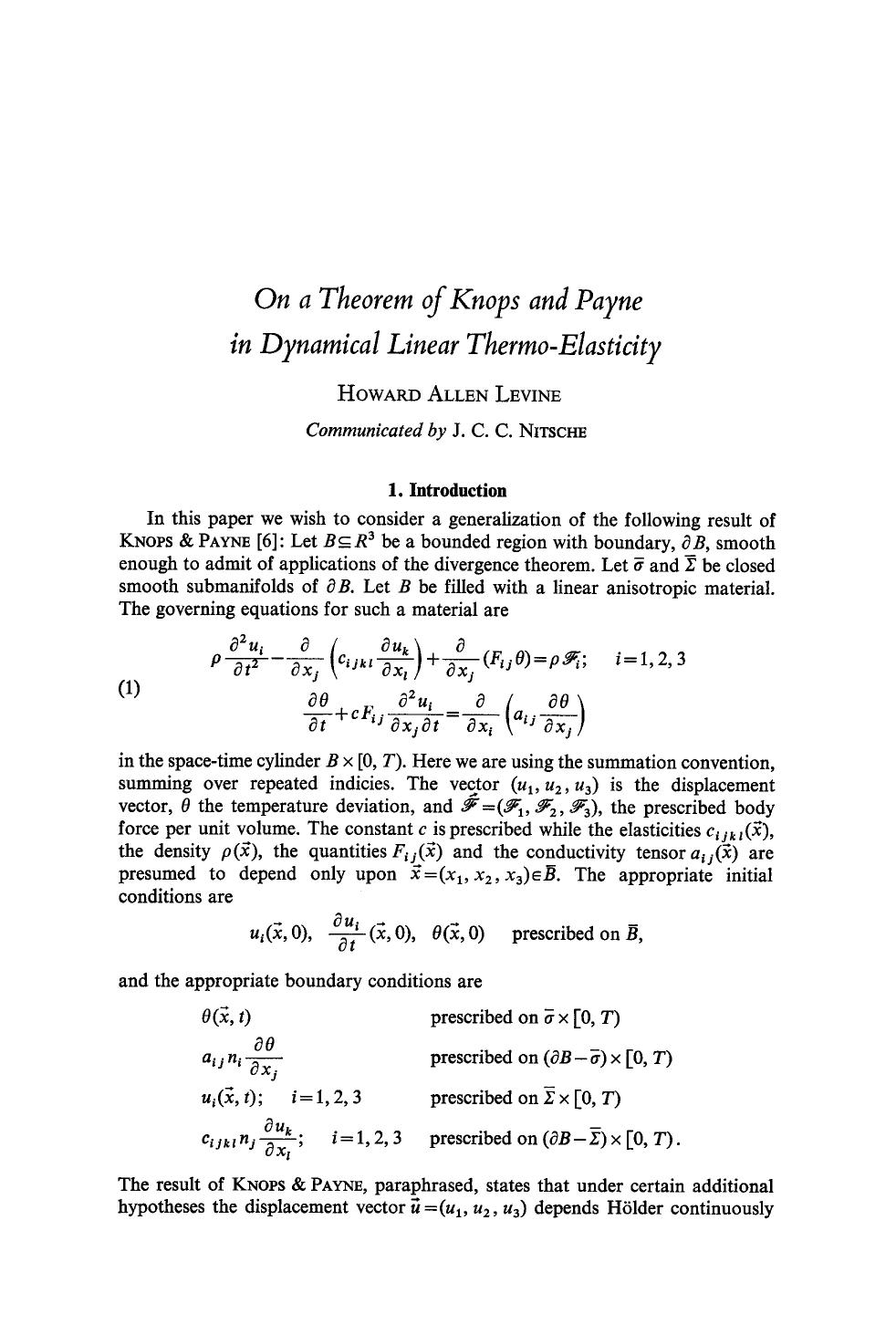 On a theorem of Knops and Payne in dynamical linear thermo-elasticity by Unknown