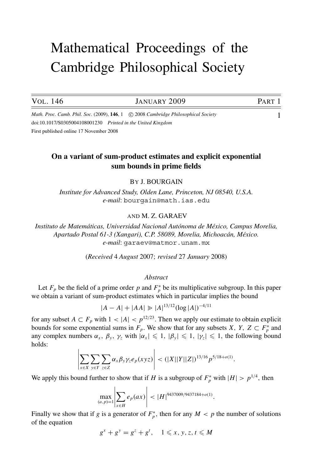On a variant of sum-product estimates and explicit exponential sum bounds in prime fields by J. BOURGAIN M. Z. GARAEV