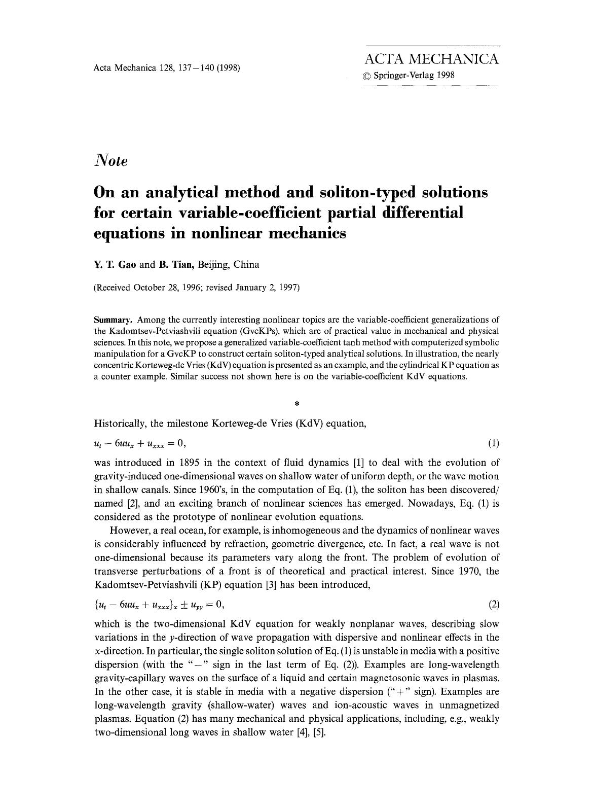 On an analytical method and soliton-typed solutions for certain variable-coefficient partial differential equations in nonlinear mechanics by Unknown
