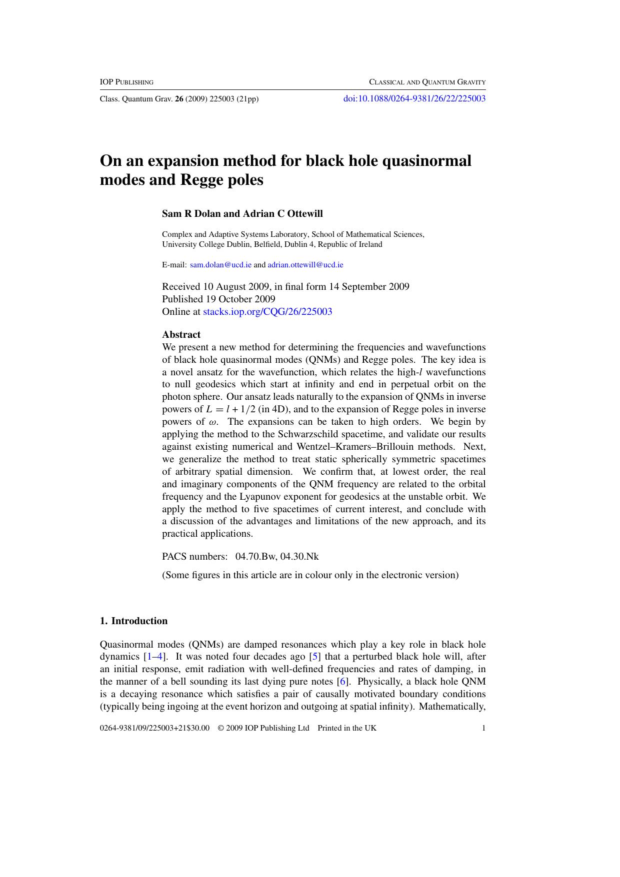 On an expansion method for black hole QNMs and Regge poles by S R Dolan and A C Ottewill