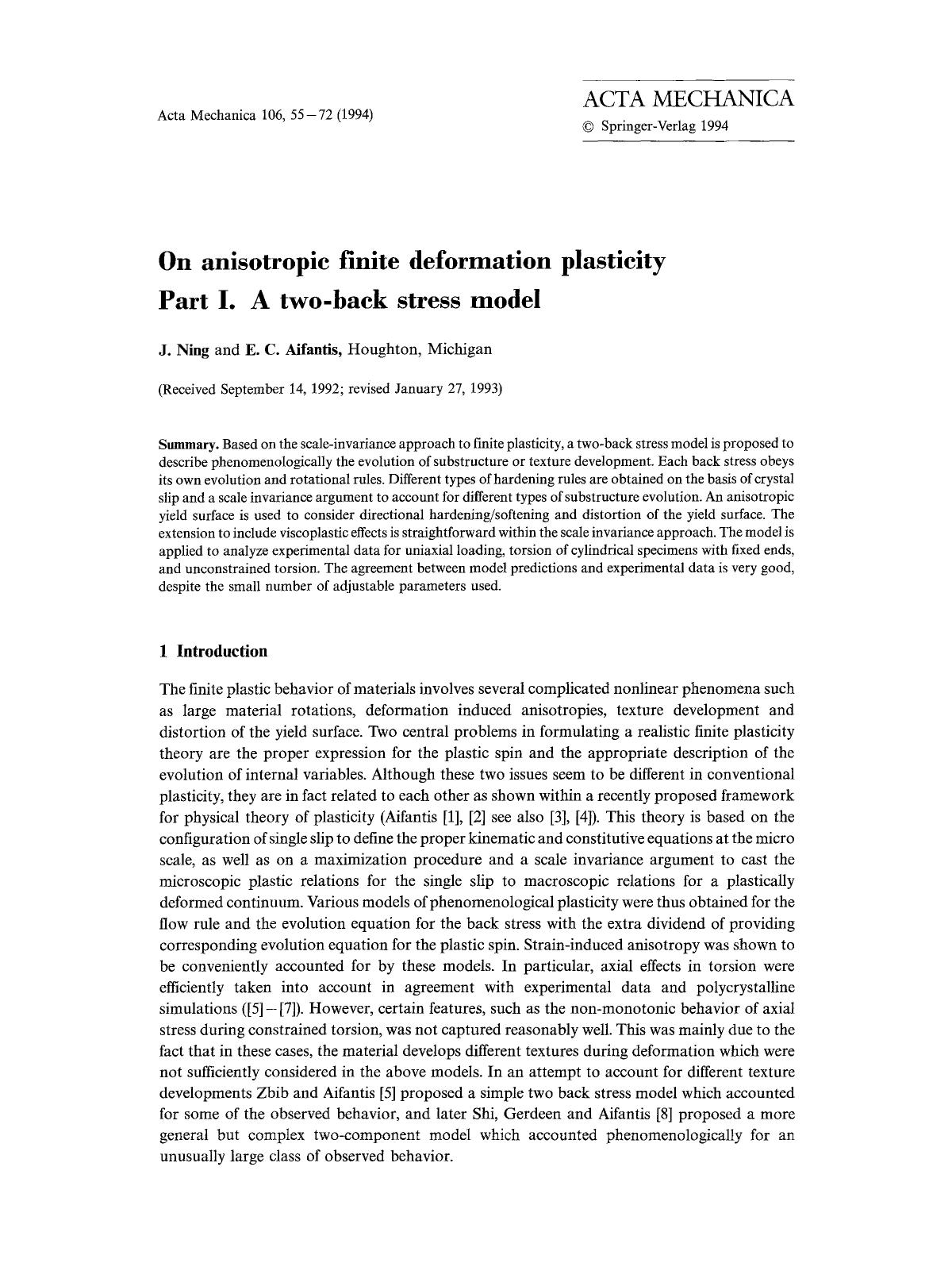 On anisotropic finite deformation plasticity part I. A two-back stress model by Unknown