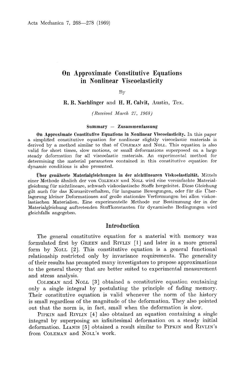 On approximate constitutive equations in nonlinear viscoelasticity by Unknown