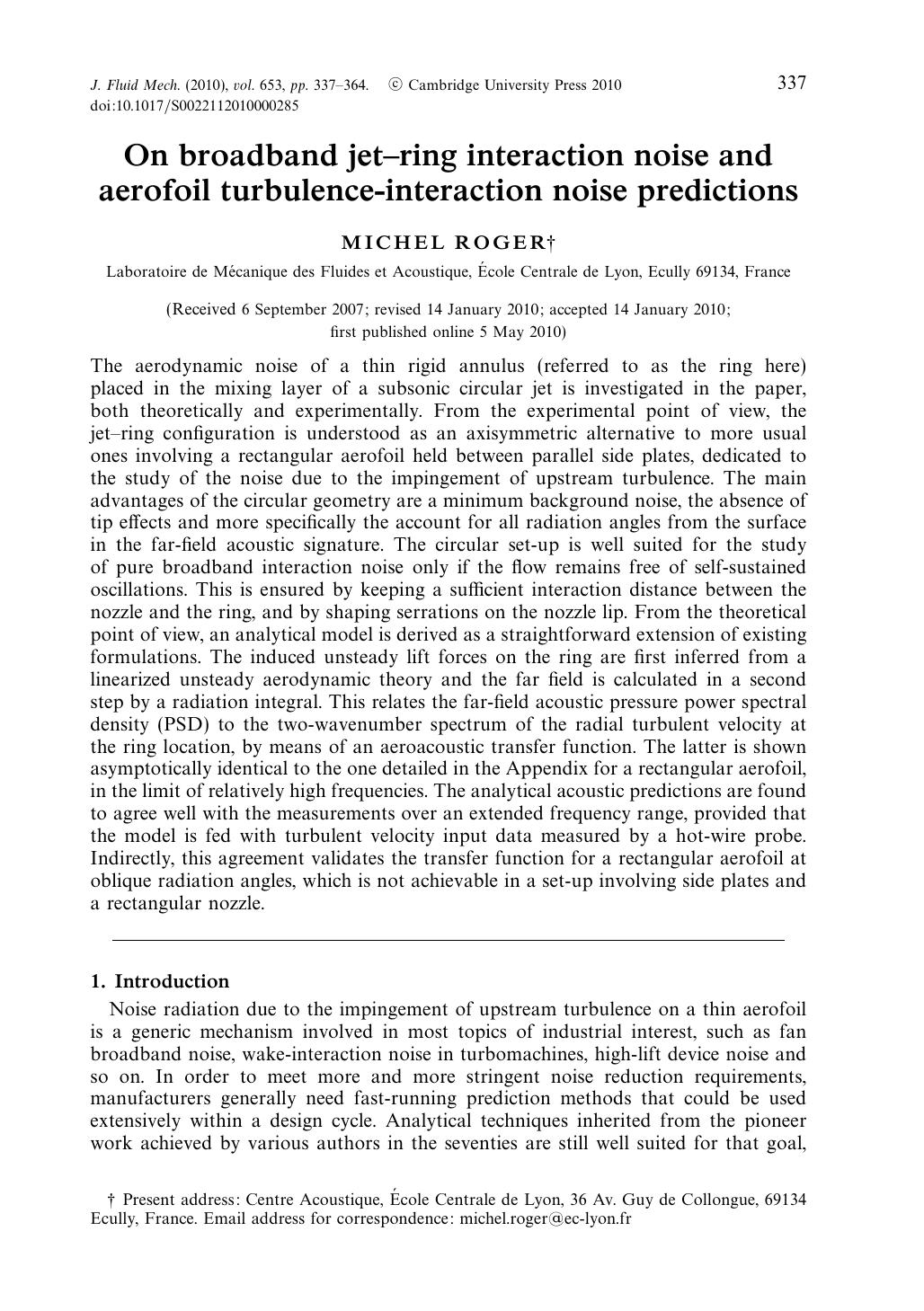 On broadband jetâring interaction noise and aerofoil turbulence-interaction noise predictions by MICHEL ROGER