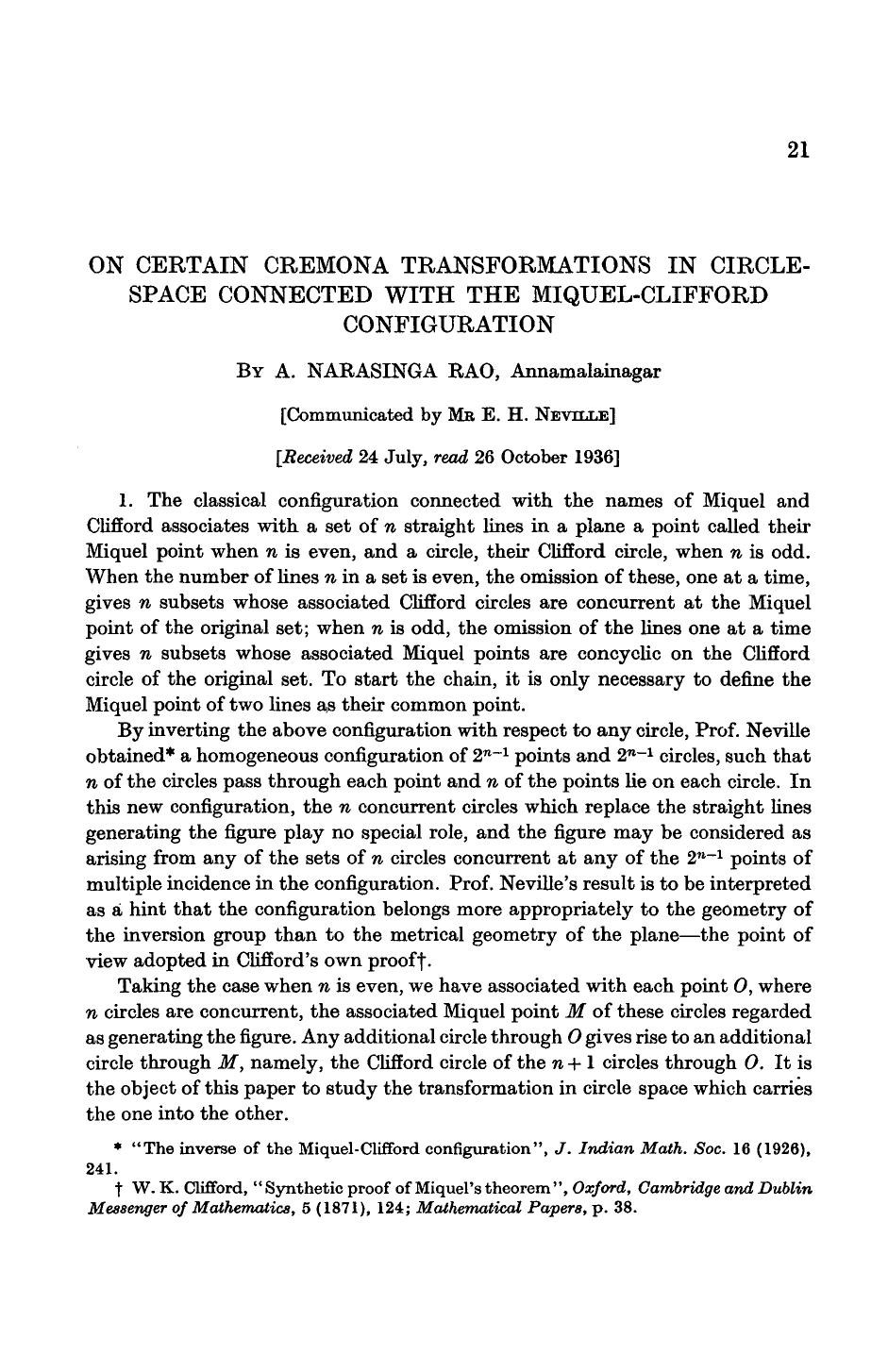 On certain Cremona transformations in circle-space connected with the Miquel-Clifford configuration by A. Narasinga Rao