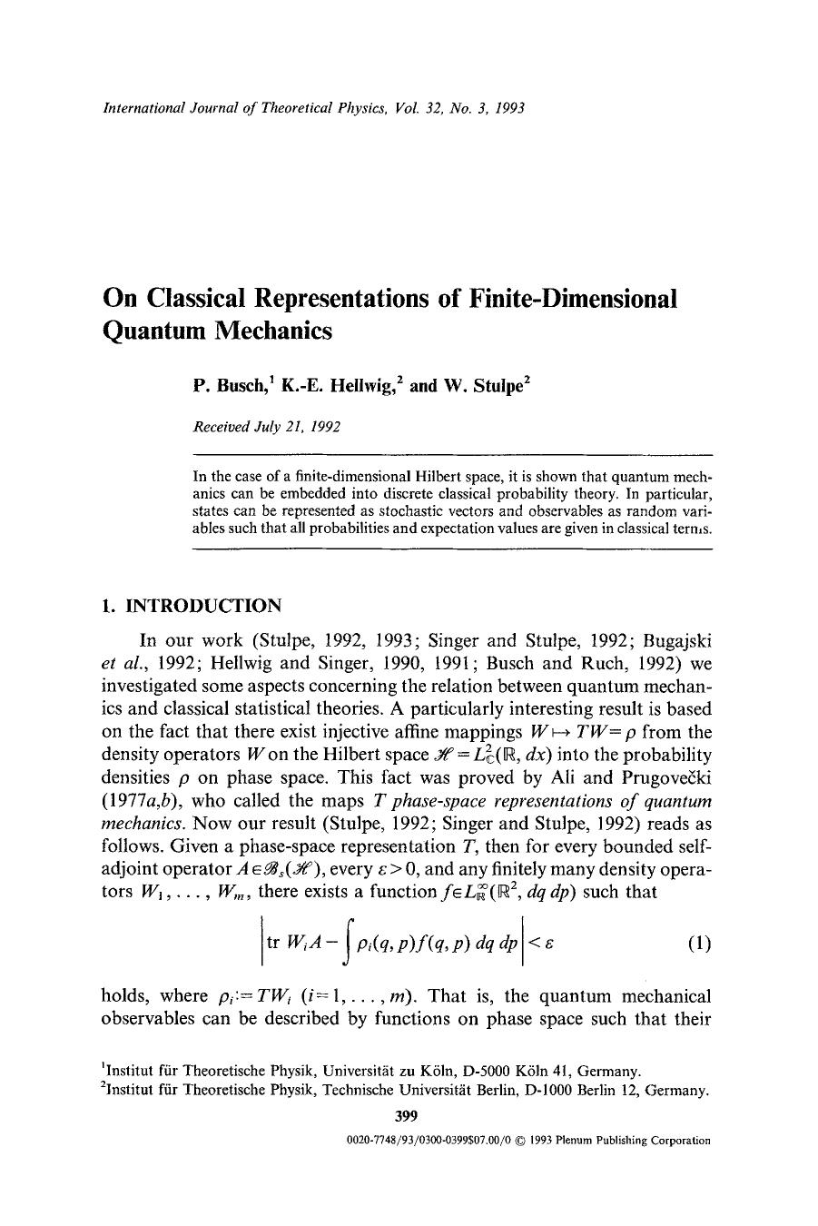 On classical representations of finite-dimensional quantum mechanics by Unknown