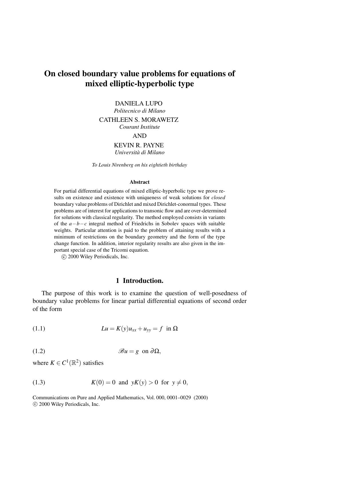 On closed boundary value problems for equations of mixed elliptic-hyperbolic type by Lupo D. Payne K.R