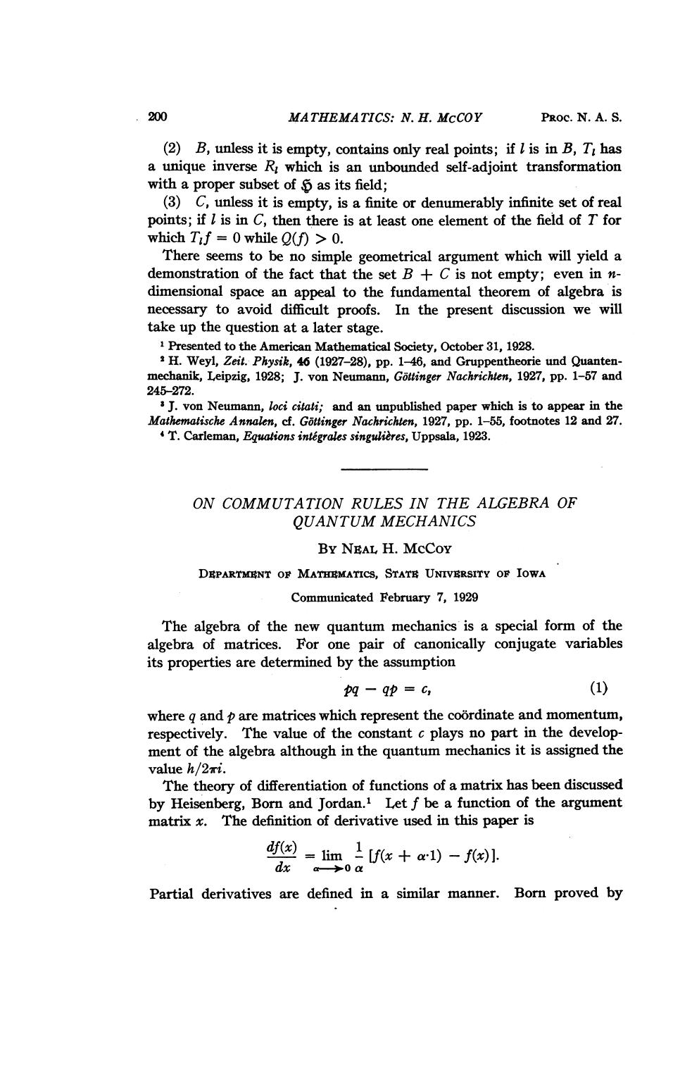 On commutation rules in the algebra of quantum mechanics by McCoy N.H
