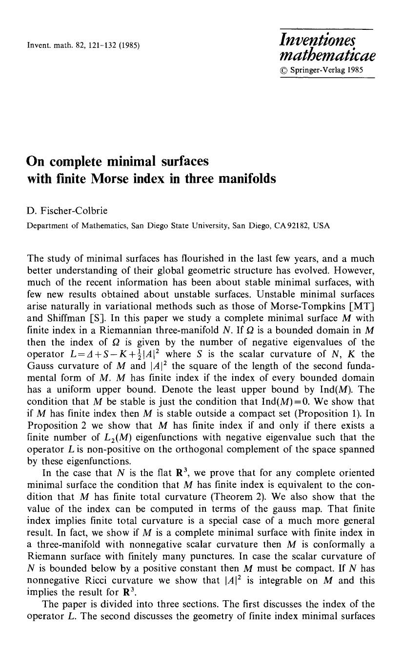 On complete minimal surfaces with finite Morse index in three manifolds by Unknown