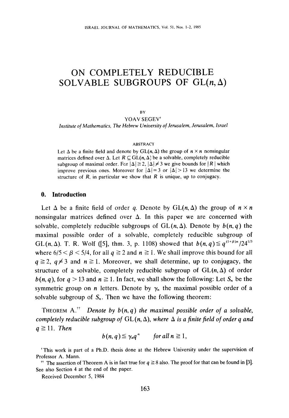 On completely reducible solvable subgroups of GL( <Emphasis Type="Italic">n <Emphasis>, &#x0394;) by Unknown