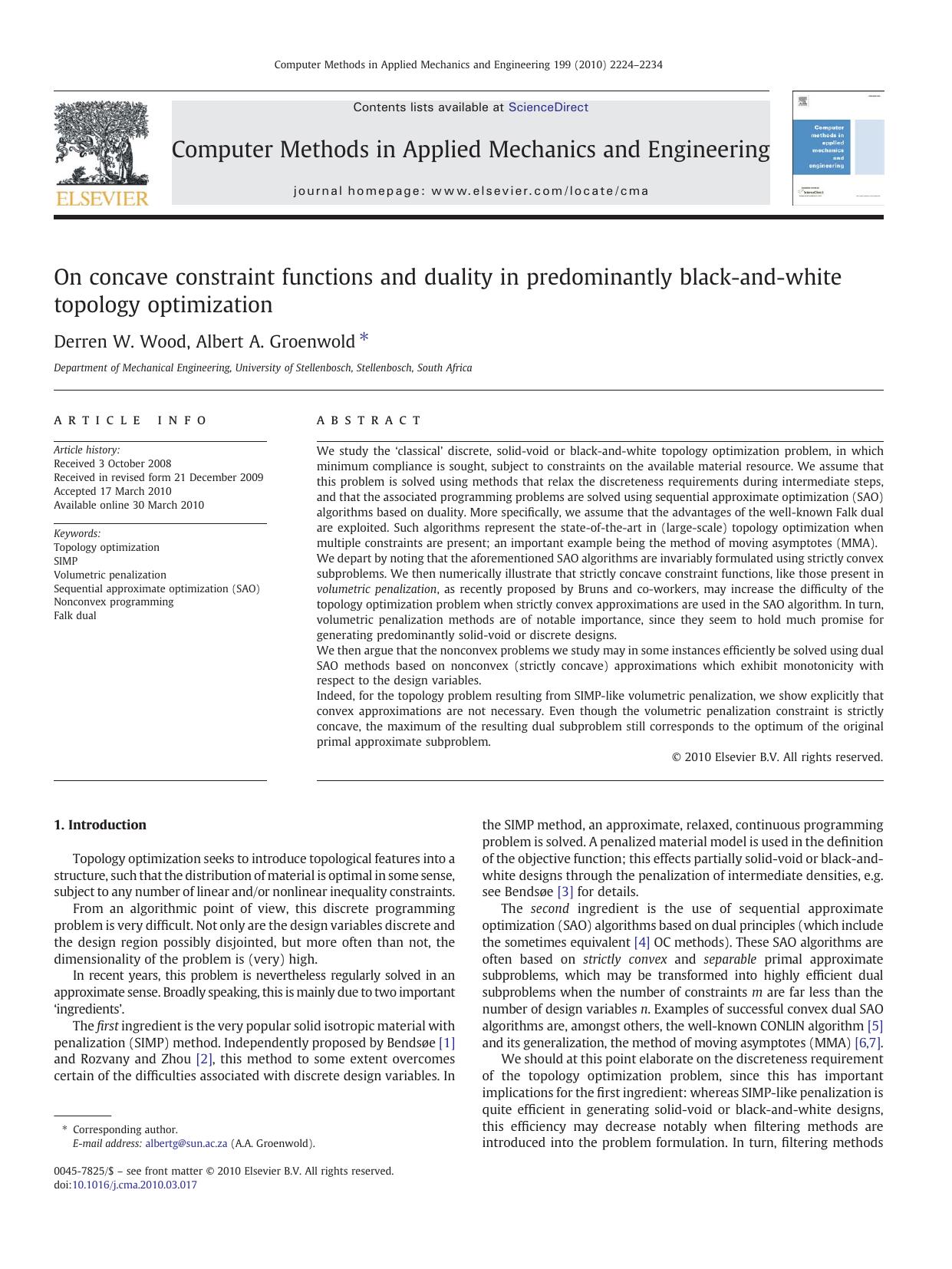 On concave constraint functions and duality in predominantly black-and-white topology optimization by Derren W. Wood; Albert A. Groenwold